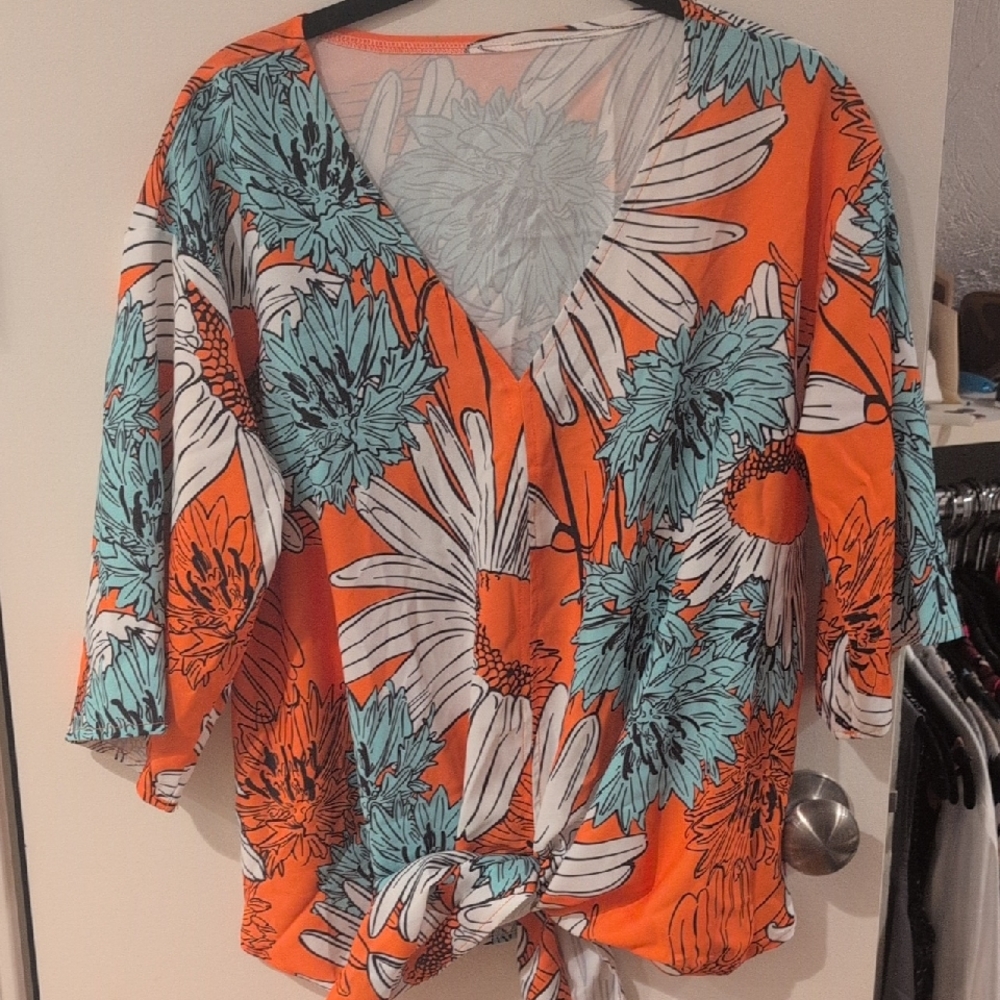 Floral V-Neck Tie-Front Top - Orange and Blue